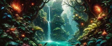 highly detailed mystical realism oil painting in the style of johan christian dahl and maurice sapiro, ancient, dark jungle brimming with life, an enchanted forest hidden deep in mystery, in the foreground, large, otherworldly plants with vibrant, exotic leaves and gorgeous mind-bending flowers edge a glowing azure pool, lush layers of vegetation framing the waterfallâs base, dark shadows fill the corners, the center scene features a narrow, bioluminescent waterfall cascading down a rugged, multi-tiered cliff, its gentle glow casting a faint blue-green light, thick, emerald moss covers the cliff, hinting at untold ages, in the background, the dense foliage extends into the shadows, punctuated by faint glows from hidden recesses, suggesting unseen life, a medium-wide shot with slight overhead perspective, capturing the waterfall, pool, and dense jungle foliage in a balanced, layered composition, dynamic chiaroscuro lighting, with warm dappled light filtering through the thick jungle canopy, soft, ethereal glow around the waterfall and pool, faint reflections off the vibrant plants, intricate textures and shadow detail, soft interplay between deep green shadows and luminous highlights, painting-quality detail, realistic contrasts, and rich color gradations, legendary and aberrant scenery, in the style of ck-ovf, <lora:faetastic_details-flux-by_faeia:0.96> <lora:style-oneviolentfantasy-ep21-flux-by_chronoknight:0.88>