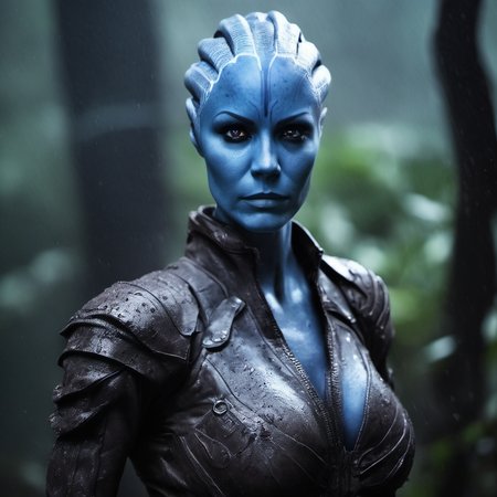 raw photo of a angry Asari wearing dirty leather armor in the jungle in heavy rain, smugged face, dirt encrusted armor, gloomy, realistic <lora:asari-sdxl-test:0.8>