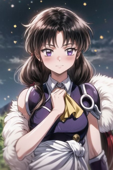 masterpiece,  best quality 1girl Setsun4 solo long hair,  (night time) forest background black hair very long hair purple eyes multicolored hair armor (fur trim) (medium body),<lora:EMS-179-EMS:0.800000>,<lora:EMS-293862-EMS:0.800000> bow, hair_bow, hair_tubes, red_bow, brown_hair, long_hair, bangs, ascot, frilled_bow, yellow_ascot, blush, smile, hair_between_eyes, athletic, armor