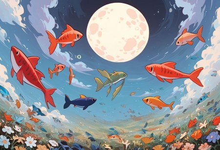 score_9, score_8_up, score_7_up, score_6_up,
nature background, flowers, flower, clouds, fields, flower field, night time, dark county side, moon in the sky, huge moon, glowing moon, white glow, horizon view, flat horizon 
flying fish, fish floating, fish swimming thriugh the sky, betta fish, multi colour fish,  swarm of fish, 30 fish, huge swarm of fish,fish ,Aquatic life, swarm of fish around a big fish, large goldfish, goldfish, large fish, dragon fish, dragon gold fish