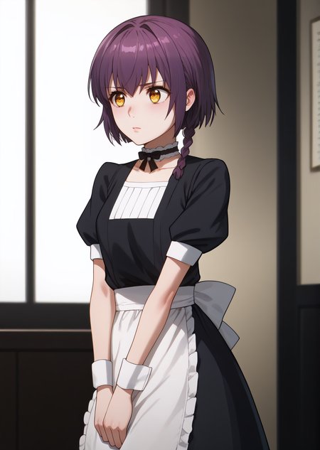 score_9, score_8_up, score_7_up, score_6_up,  rating_explicit, source_anime, cinematic shadow, cinematic light, cute and sensitive, soft skin,  characters focus, detailed eyes, detailed skins,   <lora:Sakurai_Minami:1>, minami, yellow eyes,purple hair, short hair,single braid,eyebrows visible through hair, bang,small breasts, standing,minamidress,maid,choker,black ribbon, neck ribbon,collarbone,puffy short sleeves,ribbon,white apron, waist apron, white bow, black dress,wrist cuffs,v arms, hands on own crotch, 1girl,