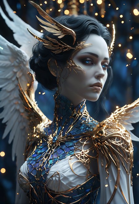 macabre style, (TQCelestialFantasy, TQ Celestial Fantasy), Angelcore aesthetics, an ethereal portrait of her, angelic, celestial, wings, sparks, voronoi fractures, bokeh, honey gold and olympian blue colors, stunning background. dark and moody, a mesmerizing blend of light and shadow. masterpiece, absurdres, intricate details <lora:TQCelestialFantasy:0.8>, dark, gothic, grim, haunting, highly detailed