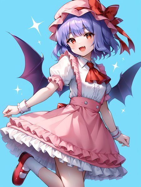 1girl, 
solo, white socks, ascot, pink headwear, short hair, white shirt, red footwear, frills, hat ribbon, skirt, blush, socks, red ascot, mary janes, hat, mob cap, collared shirt, frilled sleeves, wings, fang, pink skirt, blue background, smile, purple hair, shirt, open mouth, puffy short sleeves, short sleeves, wrist cuffs, frilled skirt, puffy sleeves, red eyes, shoes, bat wings, ribbon, white headwear,
score_9, score_8_up, score_7_up, source_anime
 <lora:style024:0.85>