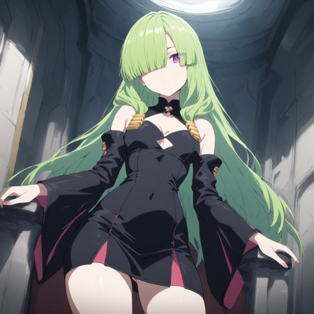 1girl,solo,looking at viewer,cowboy_shot,masterpiece,high score,great score,absurdres,<lora:Doll_tmwg ag4o v1:1> dolltmwg, green hair, long hair, purple eyes, hair over one eye,bare shoulders,detached sleeves,black dress,short skirt,
