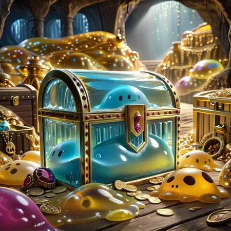 chalice made out of slime, fancy cup made out of slime, fancy chalice made out of slime, Detailed chalice made out of gold slime, Gem-studded slime chalice, multi-colored gems made out of slime, in a room of treasure made out of slime,  gold coins and bars made out of slime, wood-like treasure chest made out of slime, wood-colored slime chest, 
treasure-room, treasure, treasure chest, gemstone, coins, gold bars, gold pile, 
everything made of slime, No simple background,
((translucent slime)), ((transparent slime)), (bioluminescent slime), sl1m3, slime, great lighting, even lighting, no bright spots,