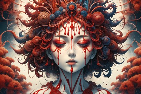 Award winning surrealistic, trippy psychedelic melting dripping woman. The background features deep crimson tones, creating a mysterious atmosphere. This artwork showcases vibrant colors, intricate details, and unique manga style illustration techniques. It was created using traditional Japanese watercolor painting techniques ((in the style of takato yamamoto:1.4)) <lora:Horror_HK:0.75> <lora:detailed_notrigger:0.6> <lora:ral-frctlgmtry:1> ral-frctlgmtry