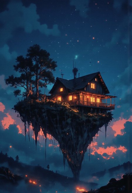 Under a starry sky, a charming house sits alone on a floating island, its windows glowing warmly against the cool twilight. The whimsical home, with its sloping roof and inviting porch, seems to be cradled by nature, surrounded by trees and soft hills. Above, glowing clouds and distant celestial bodies add to the dreamlike atmosphere