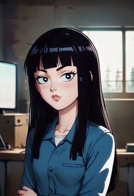 (ultra HD quality details), Detailed illustration, score_9, score_8_up, score_7_up, score_6_up, PRSNL, w_g_f, uncensored , pupils black dots, 1girl, lips,
 future mai, long hair, black hair, bangs, black eyes,
Warm light, indoors,
((Upper body)),