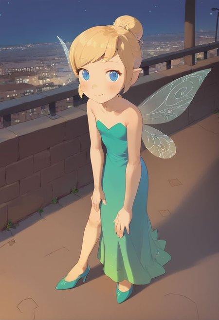 score_9, score_8_up, score_7_up, score_6_up, vivid, vivid colors, colorful, eye catching, rating_explicit, BREAK, cute girl, (adorable girlfriend) (sister), (flat chest), (long legs), (wide hips:0.5), hair bun, blue eyes, blonde hair color gradient, high heels, stilettos, high slit dress, black evening gown, sheer tights, outdoors, Manhattan, Greenwich Village, nighttime, at night, date with your beautiful girlfriend, loving, sweet, (smile:0.5), from above, Tinkerbell, Fairy wings