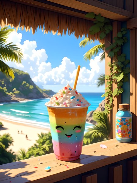 A detailed, whimsical illustration of a colorful, rainbow boba tea cup with a cute, smiling face, sitting on a tiki bar-style windowsill overlooking a tropical oceanfront. The vibrant drink is adorned with pastel hues and cheerful details, set against a serene background of crystal blue waters and lush palm trees, capturing the essence of a sunny island paradise. Cinematic lighting enhances the scene with soft dappled sunlight filtering through the window, casting warm highlights and playful lens flare bokeh around the cup. The shallow depth of field keeps the boba tea in sharp focus, adding charm and detail to its adorable design, while the blurred tropical landscape adds a soothing, dreamy ambiance. aidmaimageupgrader, aidmaMJ6.1m, detailmaximizer, mythp0rt, drkfnts <lora:aidmaImageUpgrader-FLUX-V0.2:1.0> <lora:flux.1_lora_flyway_Epic-detail_v2:0.8> <lora:aidmaMJ6.1_aidmaMJ6.1-FLUX-v0.4:0.8> <lora:v1v1dr34m:0.7> <lora:mythp0rt_FluxMythP0rtr4itStyle:0.8> <lora:ne0nfant4sy_NeonFantasyPrimeFLUX-000049:0.8> <lora:aesthetic2-cdo-0.5:0.8>
