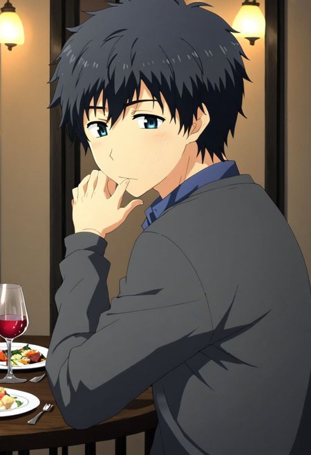 high resolution, solo, best quality, 1Boy, Arata Kaizaki, Black Hair, dating, romantic, dinner, OverallDetail