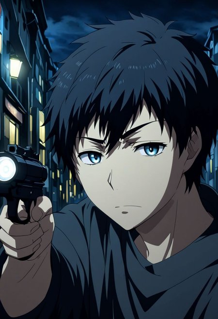 high resolution, solo, best quality, 1Boy, Arata Kaizaki, Black Hair, portrait, midnight, dim street lights, mysterious, threatening, weapon, aiming the weapon to the viewer, OverallDetail