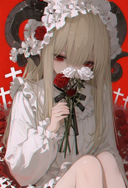 red background, flower, 1girl, solo, horns, long hair, white flower, shirt, red flower, long sleeves, white shirt, holding flower, blonde hair, simple background, rose, holding, red eyes, sitting, red rose, cross, frills, neck ribbon <lora:748cmXL_il_lokr_V5311P:0.95>