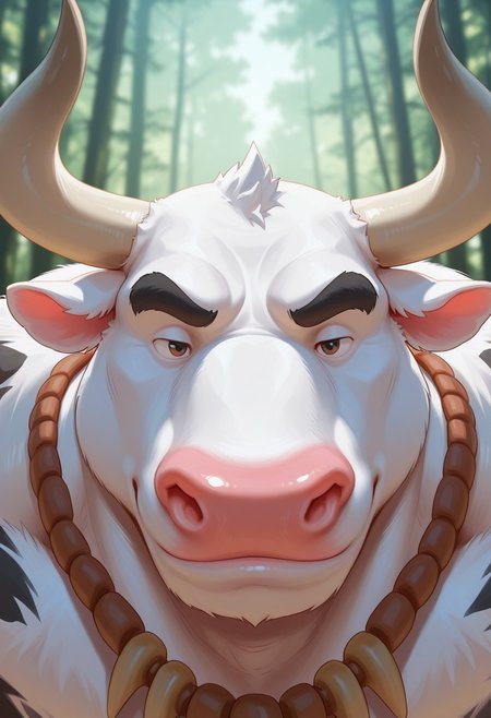 score_9,score_8_up,score_7_up,score_6_up , 2024, masterpiece, best quality, amazing quality, mascular, 20r0j_2
BREAK 
1boy, cow, Anthro cow, White skin, tribal clothes, mascular
BREAK
face focus, face close up, detailed eyes, forest background,