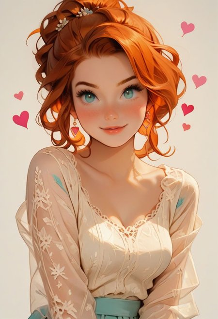 score_9,score_8_up, score_8, perfect cute face, perfect eyes, perfect hands, perfect feet, (PG-rated) 1girl, sexy 24yo redhead, freckles, updo bun, sexy pose, teasing, rompers with thigh high lace stocking and cute mules, medium perfectly round breasts, looking directly at viewer, hourglass body,highest quality,yuri-style, cute, hearts, bright colours, candy, hands behind back