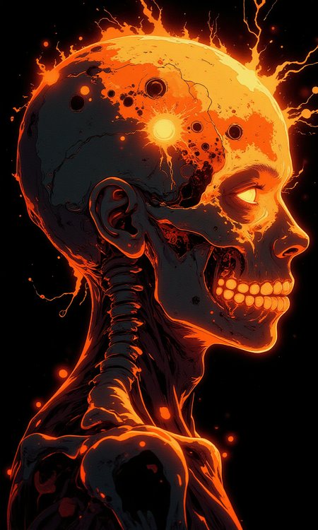 an close-up shot of a semitransparent head that looks like sun surface, with plasma dark spots and coronal mass ejectsions, skeletal bones are barely visible firey skin, clean black background.
BREAK anime, bboil artist style, vantablack