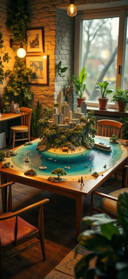 (indoor,very wide isometric view,tilt-shift lens:1.6), (windowless,fna_style,miniature,miniature,diorama,miniature,diorama,PVC,plastic:2),sunset jungle,beach,1930s city with streetcar  at (floating island,levitating  island:1.5) on (table:2) at (attic:2.5)   <lora:Diorama_Flux:1>
 <lora:Fantasy_Novel_Art_Style:1>
