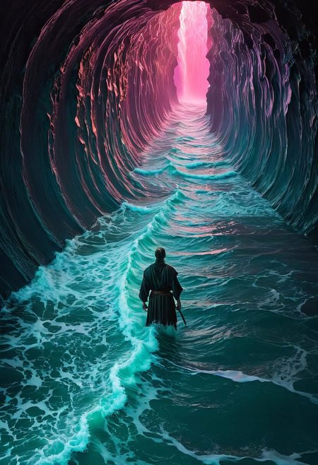 A Scene by Guy ritschie Captures the dystopian casual essence of moses as feudal Ninja, the Moment he relentlessly splits up the sea into two gigantic neon-pastel water column waves and creating a Long path through the water walls, Explore the neon-pastel somber tones and bleak atmosphere in your depiction, emphasizing the eternal struggle and challenge of his plans from a side perspective.