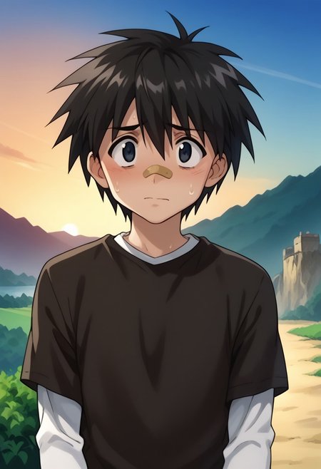 score_9, score_8_up, score_7_up, source_anime, highly detailed, 
ikuto, 1boy, male focus, solo, black hair, hair between eyes, black eyes, shirt, black shirt, white shirt, short over long sleeves, bandaid on nose, shaded face,  sweat drop, nervous,
outdoor, island, sky, sun, parody,
