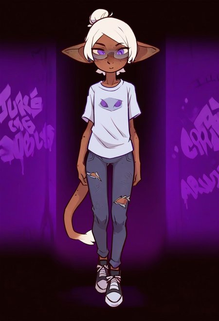 masterpiece, best quality, newest, absurdres, highres, furry, perfect anatomy, (Gwendolyn_Tennyson G0b1),1girl,solo,goblin girl,dark-skinned female,pointy ears,short hair,white hair,single hair bun,purple eyes,semi-rimless eyewear,freckles,colored skin,tail, white shirt, graphic t-shirt, ripped jeans, denim, sneakers, black and white shoes, underpass, graffiti, posing, secluded, solo, solo focus,