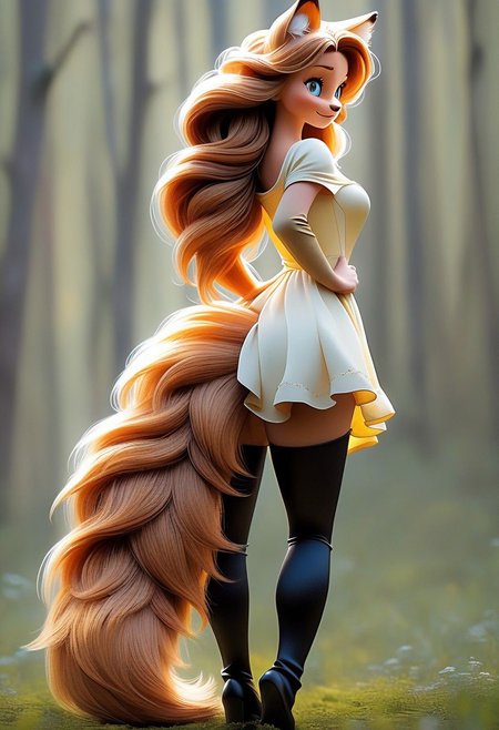 Realistic movie style, Belle, perfect hairy voluminous foxtail, her tail is a part of her anatomy, her tail is rooted at the top of the buttocks,