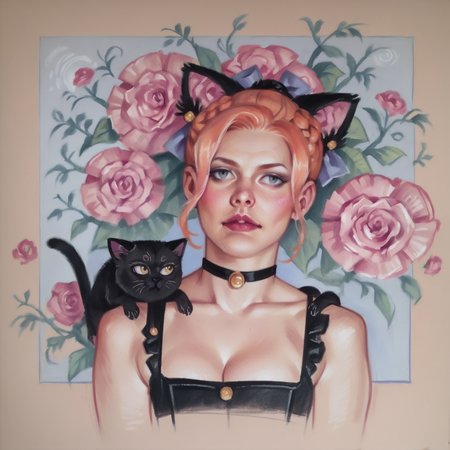 score_9, score_8_up, score_7_up, score_6_up, score_5_up, score_4_up, hud_knetts_styl,  traditional media, pastel (medium), <lora:knettellS-000009:0.7>, black cat in a garden