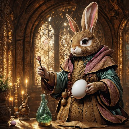 RAW photo, (masterpiece:1.3), subsurface scattering, heavy shadow, (high quality:1.4), (intricate, high detail:1.2), professional photography, HDR, High Dynamic Range, realistic, ultra realistic, photorealistic, high resolution, film photography, ambient lighting, atmospheric effects, <lora:detail_slider_v4:2>, OverallDetail,  <lora:Rabbitfolk:1>, a rabbitfolk alchemist, brown fur, rabbit ears, whiskers, rabbit, wearing intricate robes, holding a large colored (egg) and a bruch,  in an alchemist shop,  <lora:Alchemist:0.7>, candle, window, bottle, flask, brush, colors,