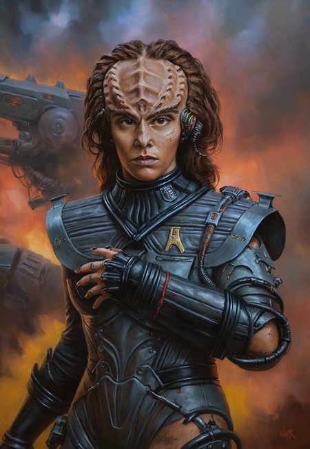  (upper body w4rh4mm3r style oil painting) of a 18 year old cyborg female kling0n alien military commander wearing damaged stealth body suit, forehead ridges, brown skin, nose ridges, large eyebrows, leather armor, grimdark, dynamic, moody, shadows, highly, (mechanical arms), fiery hell background