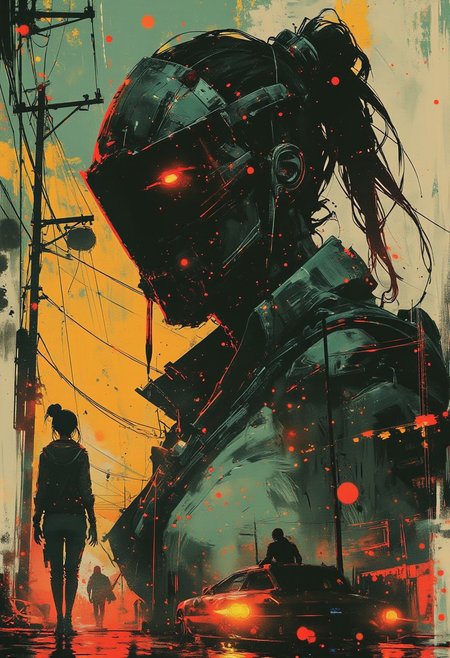 masterpiece, double exposure, silhouette of a cyberpunk robot samurai woman, robot face with mirrored face shield, hyperdetailed helmet, her body filled with a cyberpunk street scene of neon and bokeh, highest definition, HD32K, wallpaper, crisp lines, double exposure background, hyperdetailed, concept art