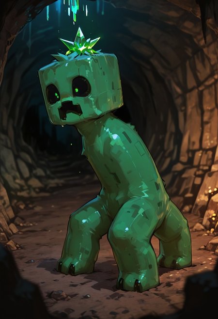 masterpiece, best quality, amazing quality, very aesthetic, absurdres, newest, , detailed background, 
 movie scene, cinematic scene, cinematic, foreground blur, depth of field, 
crpr, no humans, full body, pokemon (creature), open mouth, green skin, black sclera, black mouth, 
furry, fluff on head, side view, deep dark cave, glowing crystals,