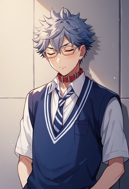 score_9, score_8_up, score_7_up, source_anime, rating_safe, dog collar, Ushinin, 1boy, male focus, glasses, closed eyes, blush, hands in pocket, school uniform, striped blue necktie, blue sweater vest,