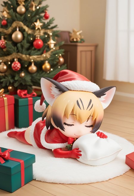 1girl, ((solo)), best quality, ultra-detailed, extremely detailed, perfect anatomy, masterpiece, score_9, score_8_up, score_7_up, Expressiveh, sand cat \(kemono friends\), 1girl, cat girl, cat ears, blonde hair, short hair, cat tail, christmas tree, christmas decoration, christmas ornaments, underneath Christmas tree background, indoors, santa cosplay, santa outfit, santa hat, santa's sack, Christmas outfit, giant sack of presents, fully clothed, Christmas themed thighhighs, thighhighs, elbow gloves, bowtie, santa's sack of presents, red ribbon collar, Christmas presents, Christmas themed, living room, fireplace, (chibi), cute, adorable, closed eyes, sleeping, smiling, laying on side, side view, tail_accessory, mistletoe_on_tail, mistletoe, closeup,
