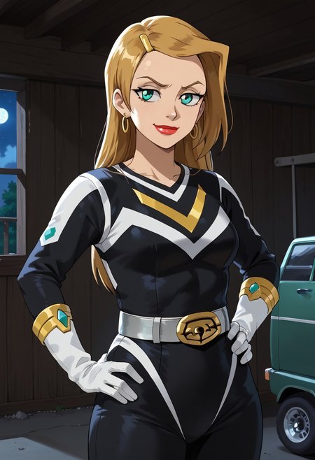 score_9, score_8_up, score_7_up, BREAK,
1girl, solo,  Sarah, green eyes, blonde hair, long hair, hairclip, earrings, lipstick, muscular, medium breasts, narrow waist, wide hips, sentaisaintforce, black bodysuit, silver belt, white gloves, spandex,  m-shaped chest symbol, helmet removed, no headwear,BREAK,
cowboy shot, smug, half-closed eyes, standing, hand on hip, indoors, garage, night,