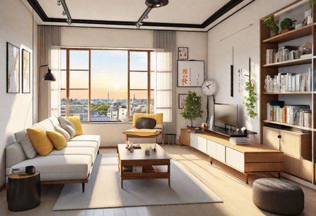 ((front view)), anime-style, modern-style interior, with white walls, (large windows), Nordic-style furniture, a  study, Sofa, coffee table, bookcase, single wall, 
warm light morning sun, (the view of the city)