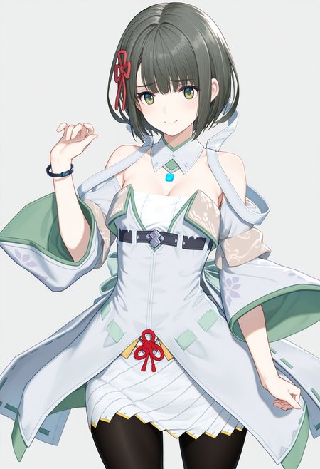 masterpiece, best quality, good quality, 1girl, solo, miyabi \(xenoblade\), green eyes, detached collar, chest jewel, wide sleeves, white dress, striped skirt, black pantyhose, cape, bracelet<lora:miyabi illustrious 039:1>
