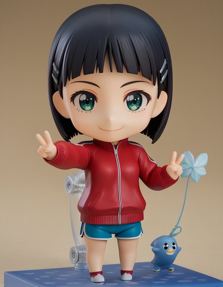 score_9, score_8_up, score_7_up, source_anime, suguhakirigaya, <lora:suguha-kirigaya-s1-ponyxl-lora-nochekaiser:0.5>, suguha kirigaya, short hair, black hair, hair ornament, hairclip, green eyes, jacket, shorts, short shorts, blue shorts, track jacket, dolphin shorts, gym shorts, red jacket, shirt, black shirt,
<lora:nendoroid-figurines-ponyxl-lora-nochekaiser:1>, nendoroid, 1girl, solo, chibi, 3d, smile, v, v over eye,