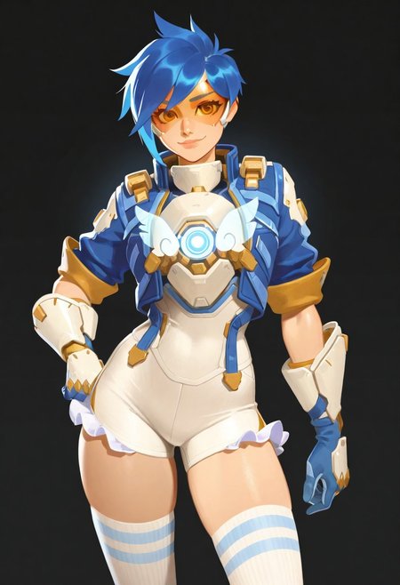 (score_9, score_8, score_7), masterwork, masterpiece, best quality, beautiful eyes, beautiful face, detailed eyes, detailed face, trhoh, 1girl, solo, short blue hair, orange eye visor, blue short jacket, white tight shorts, frilly short pants, white thigh high socks, blue and gold sneakers with wings, glowing chest device with wings, sci-fi gauntlets, slim athletic body, cheerful expression, orange eye visor visible, upper body