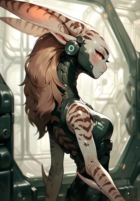 score_9, score_8_up, score_7_up, score_6_up, score_5_up, score_4_up, solo,  cute  alien girl engineer, long ears, (big evil eyes) , stripes, cute ,pupilless , close up, half closed eyes, wearing futuristic jumpsuit, dirty skin,  skinny, engine room of a spaceship, detailed background, medium chest, indoor,(from behind), presenting her back, looking at viewer, sweating, holographic terminals, cleavage
<lora:ToraFurry_XL_PonyV6_p1-t1:0.5>