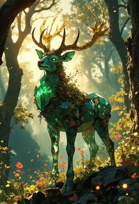 hyper realistic, a majestic A gemstone stag slowly blooming into life, moss and flowers sprouting from cracks in its crystalline body as it awakens, its eyes, initially dull stones, begin to glow with an inner emerald light, dawn light filters through a forest, illuminating the stags nascent awakening, wide shot capturing the stags full form and the blooming flora with golden antlers standing in a sunlit clearing, surrounded by ethereal forest spirits, glowing flora, magical atmosphere, extremely high-resolution details, photographic, realism pushed to extreme, fine texture, incredibly lifelike, Cinematic, beautiful, vibrant, masterpiece, 32k, ultra HD, ultra-detailed, amazing quality, amazing artist, sharp edges, detailed textures, full view, atmospheric lighting, amazing visuals