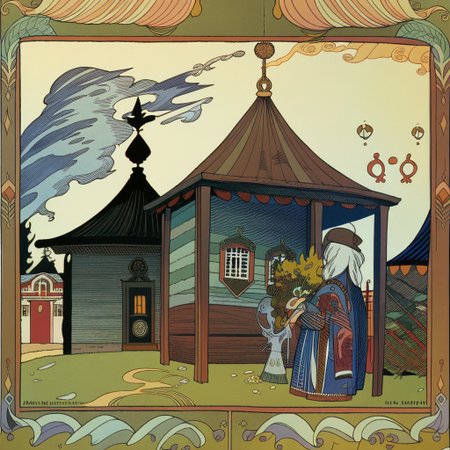 <lora:ivan-bilibin_pony_v1:1> ' asuka ' by bilibin ivan in 1911,design \(genre\),art nouveau \(modern\) \(style\), old Houses, score_9, score_6_up, score_7_up