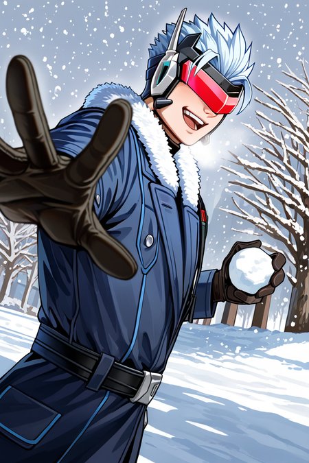 realistic shading, natural lighting, blindfolded-male focus, expressive happy face, saberregulator, red_saberregulator_tinted eyewear, light blue_saberregulator_spiked hair, grey-blue_saberregulator_single ear antenna, black_chin-headpiece, 1boy, shiny skin, incoming attack, incoming throw, holding snowball, winter cosplay, fur-trimmed coat, black turtleneck, cowboy shot, day outdoors park, snowing, snow, shadow, foreshortening, dutch angle, dynamic angle, dynamic action, intricately detailed illustration, cinematic, depth of field, atmospheric perspective, masterpiece, best quality, amazing quality, very aesthetic, absurdres, newest