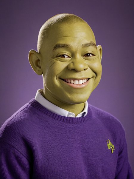 portrait of green-skinned shrek, wearing lacoste purple sweater