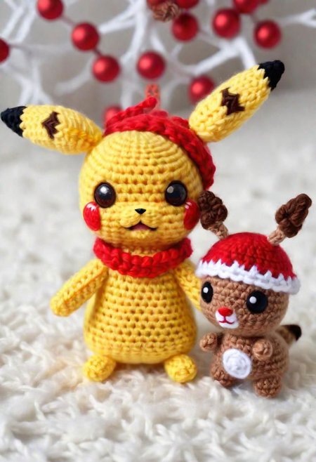 Crocheted Pikachu and rudolph the red-nosed reindeer