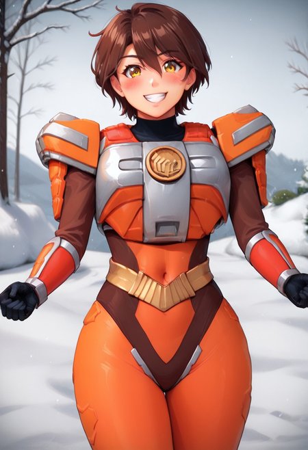 score_9, score_8_up, score_7_up, source_anime, zPDXL, zPDXLpg, <lora:offset_0.2:0.1>, <lora:spo_sdxl_10ep_4k-data_lora_webui:1>,source_anime,
1girl, solo, mature female,
sazervisuel, orange bodysuit, brown leotard, belt, armor, 
<lora:Sazer_Visuel:1>,
brown hair, short hair, hair between eyes, yellow eyes, tsurime,
smile, blush, looking at viewer, facing viewer, cowboy shot, standing, <lora:doublefq-illust:1>, (doublefq:1.1), doublefq,missing all arms,missing no shoulder,smile,embarrass,indoor,blush on face, covered navel, covered vaginal,skin tightvwide hips ,thick thighs, 
Outdoor, winter, snowy town background