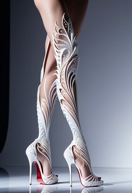 masterpiece, (best quality), official art, extremely detailed cg 8k wallpaper, ((crystalstexture skin)), (extremely delicate and beautiful), highly detailed, WhiteMold, high fashion stiletto, futuristic high-heeled shoe, avant-garde design, intricate 3D-printed details, sculptural elegance, luxury fashion, gracefully sculpted legs, futuristic model, high-end runway aesthetic, soft-focus background, close-up shot, dramatic lighting