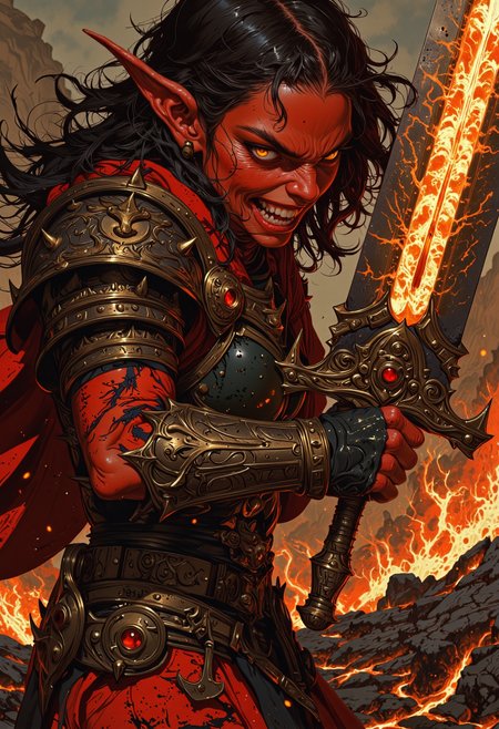 A fearsome demon warrior, her crimson skin illuminated by the blazing inferno around her. She stands with a powerful stance, wielding an enormous two-handed sword crackling with molten energy. Her dark, wild hair flows behind her, framing her sharp fanged snarl and glowing, fury-filled eyes. Her black and gold armor is adorned with intricate engravings, spiked pauldrons, and fiery gemstone inlays. A tattered red cape billows behind her, consumed by embers and ash. The background is an apocalyptic battlefield, swirling with fire and molten lava, as if the world itself is breaking apart under her wrath.
<lora:FluxMythV2:0.6> <lora:fantastic-realism:0.6> <lora:flux.1_lora_flyway_Epic-detail_v2:0.5> <lora:Anima-Portrait-Midjourney-FLUX:0.7>