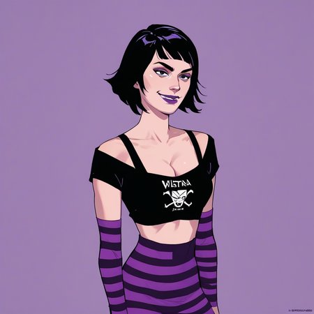 score_7_up, score_8_up, score_9, masterpiece, perfect face, perfect hands, high quality, source_cartoon, Triana, black hair, short hair, striped stockings, black croptop, purple lipstick, smirk, cleavage,