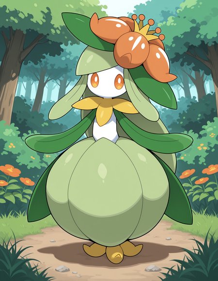 masterpiece, best quality, amazing quality, very detailed, newest, no humans, WnLlgnt, white skin, colored sclera, leaf arms, orange flower, orange eyes, pokemon \(creature\), full body, looking at viewer, meadow, flowers, bushes, trees, , <lora:e1d95fb1-2374-4fef-a9fa-bfb60ce90f11:0.9>