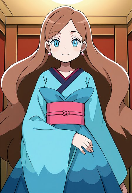 masterpiece, best quality, 1girl, solo, looking at viewer, smile,   zzLinnea, blue eyes, brown hair, long hair, earrings,  blue kimono, sash,  , <lora:LinneaPokemon_IXL_v2:1.0>, , smile, looking at viewer, cowboy shot,  <lora:HaradaTakehitoIXL_v3:0.8>, <lora:ZankuroIXLLight_v2:0.3>,