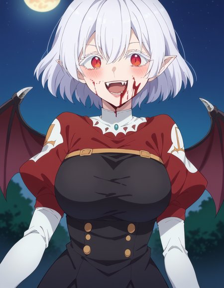 score_9, score_8_up, score_7_up, source_anime, <lora:nagomi-s1-ponyxl-lora-nochekaiser:1>, nagomi, short hair, white hair, blue eyes, white eyelashes, large breasts, mature female, <lora:vampire-ponyxl-lora-nochekaiser:1>, vampire, red eyes, pointy ears, fangs, black dress, wings, blood, blood on face, blood on mouth, bat (animal), halloween, halloween costume, upper teeth only, night, moon, blush, smile, open mouth, , dutch angle, cowboy shot